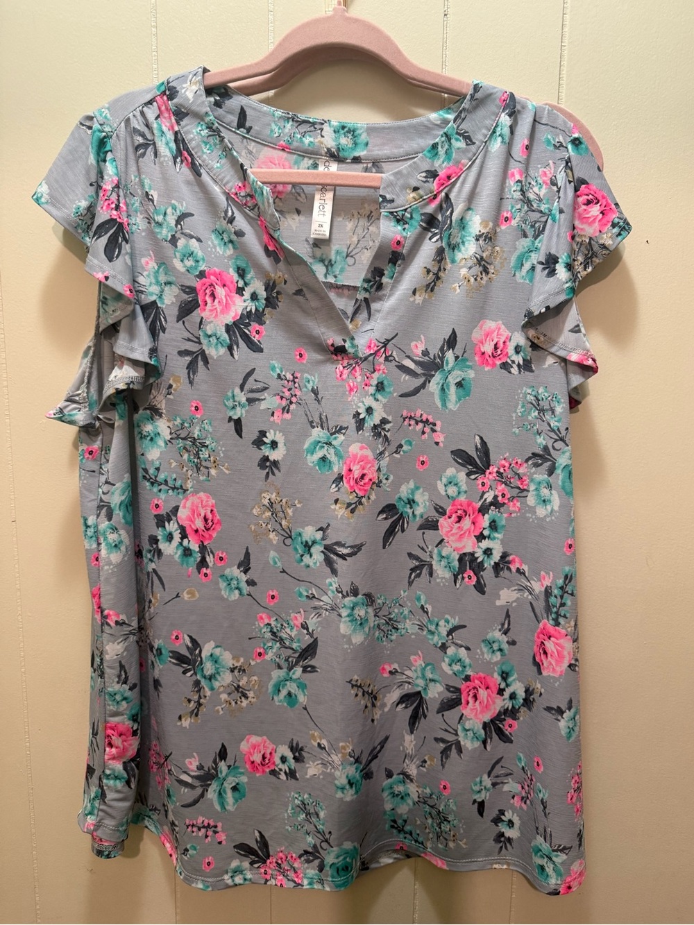 Scarlett Gray Floral V-Neck Flutter Sleeve Top - Pink & Teal